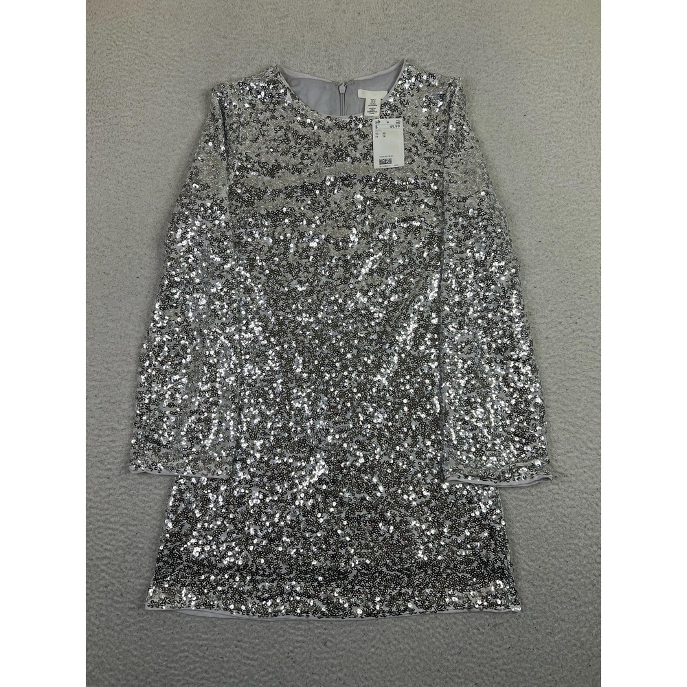 H&M Sequin Mini Dress Womens XS Silver Long Sleeve Sheath Party Cocktail Lined